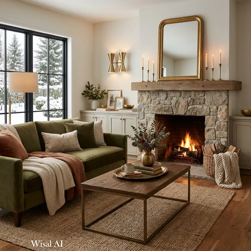 Cozy winter living room accented with warm brass and bronze finishes.