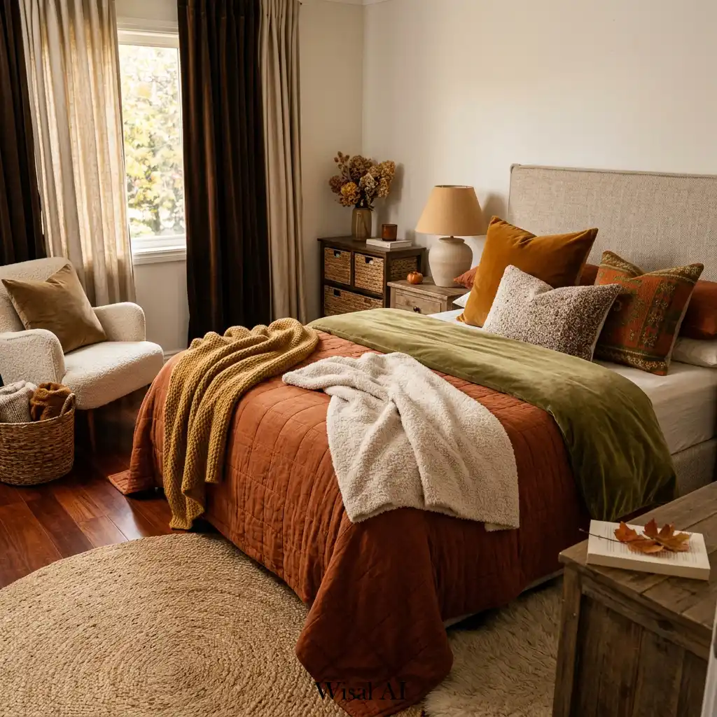 Rich layered textures creating warmth in an elegant autumn bedroom.