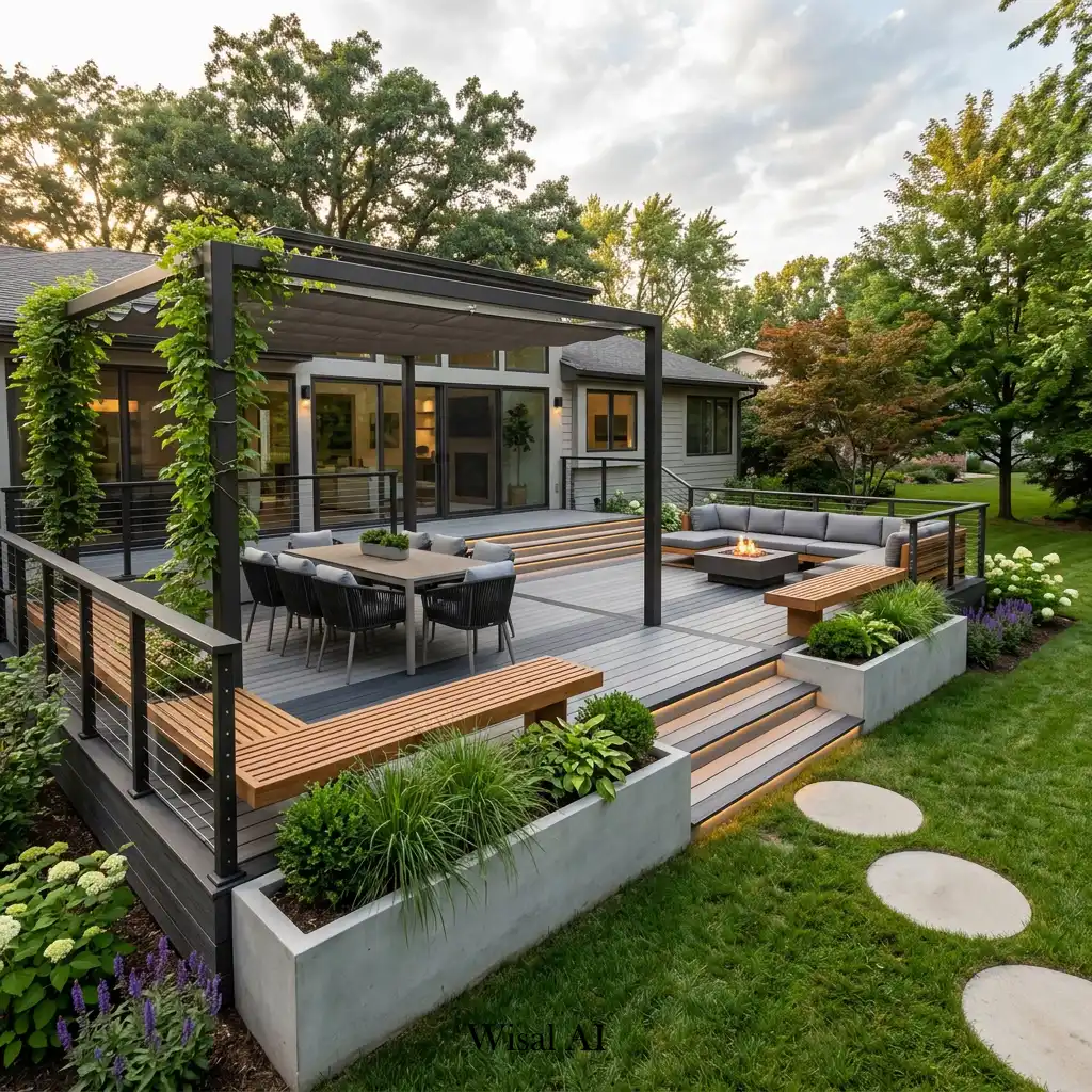 Modern backyard deck featuring comfortable seating and contemporary outdoor design