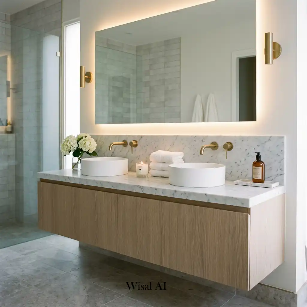 Luxury hotel-inspired bathroom vanity with floating wood cabinets, marble countertops, oversized LED mirrors, and premium brass fixtures.