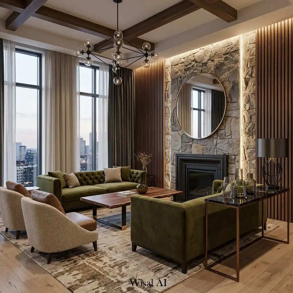Modern luxury living room combining wood, stone, metal, and fabric finishes