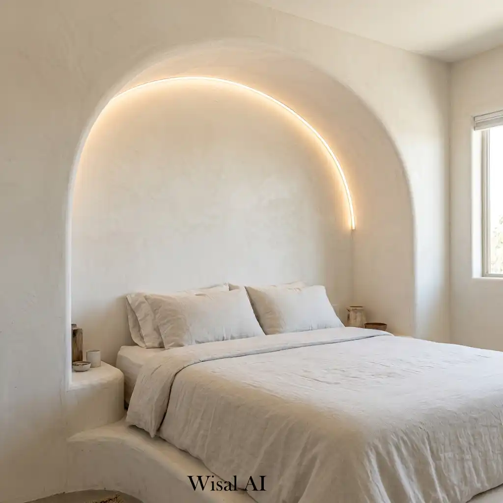 Built in plaster bed alcove with soft lighting