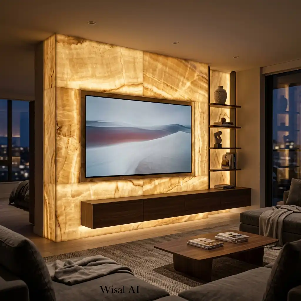 Backlit natural stone TV wall creating a dramatic luxury living room focal point.