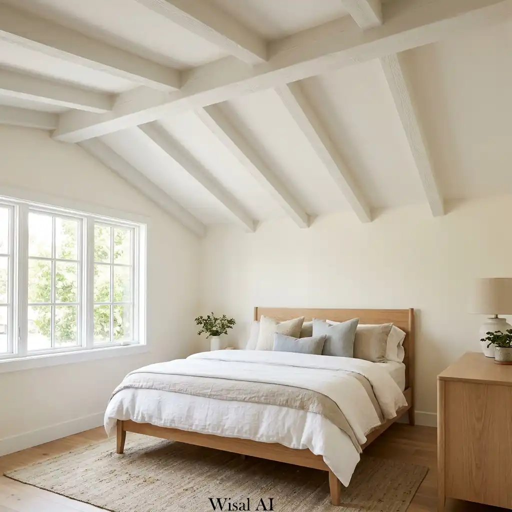Bright bedroom with decorative white ceiling beams and Scandinavian-inspired décor.