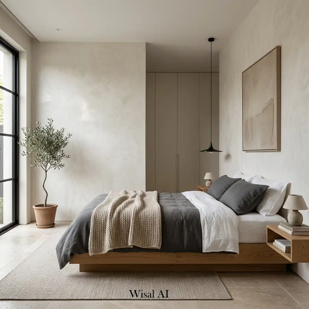 Luxury bedroom featuring textured plaster walls and modern neutral décor