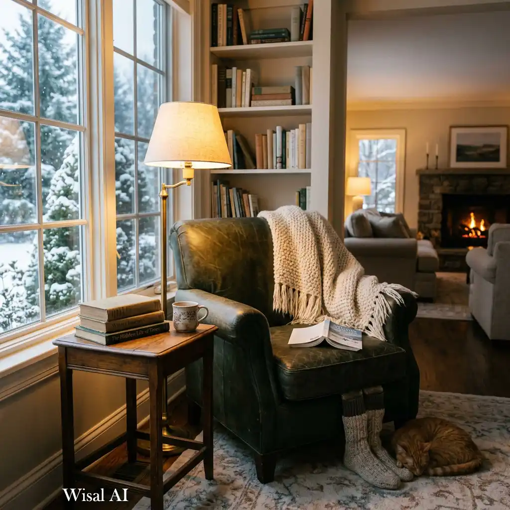 Comfortable reading nook with a lounge chair and soft winter lighting.