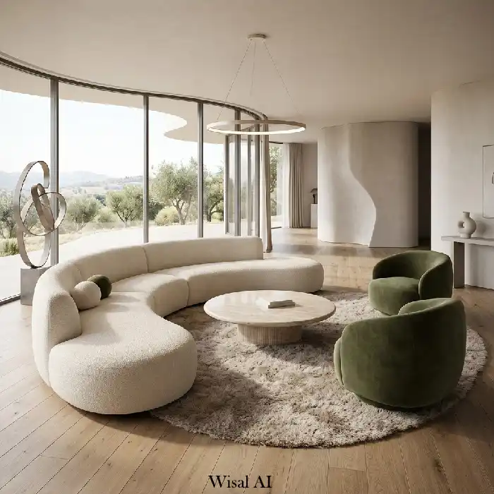 Sophisticated luxury living room featuring a curved sectional sofa and organic furniture arrangement