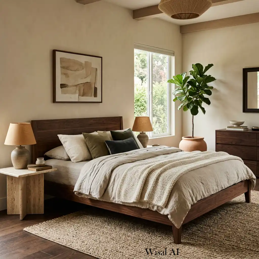 Organic modern bedroom with dark wood furniture and natural stone accents.