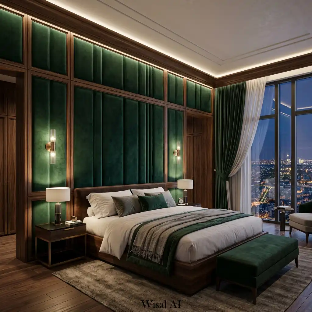 European penthouse bedroom with velvet wall panels and walnut trim