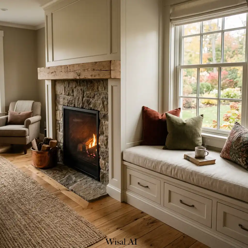 Cozy fireplace nook featuring built-in window seating and custom millwork