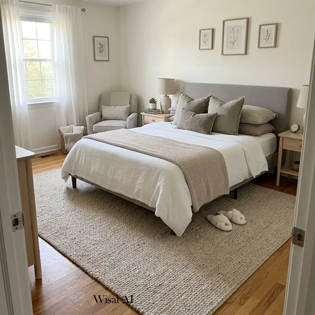 Cozy guest bedroom with a textured rug under the bed.