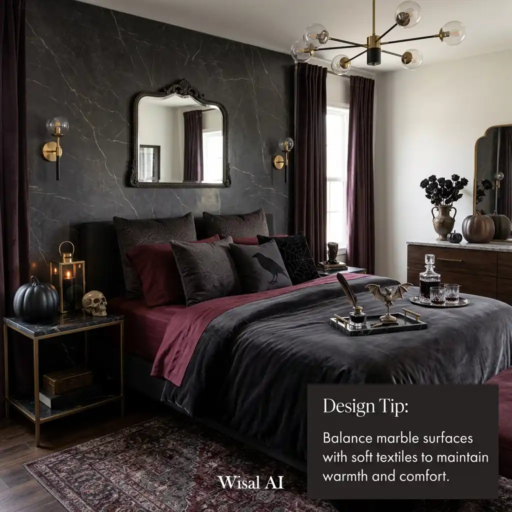 Dark moody bedroom featuring luxurious dark marble accents.