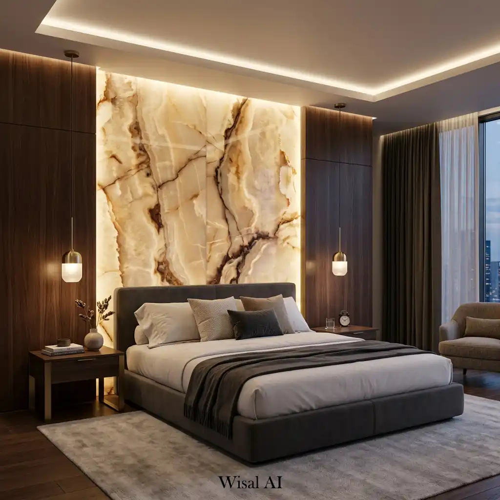 Bedroom featuring backlit stone wall panels behind the bed.