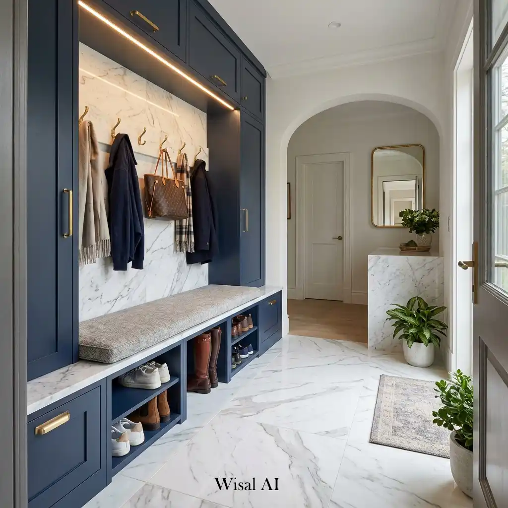 Luxury mudroom featuring marble finishes, custom cabinetry, and sophisticated storage