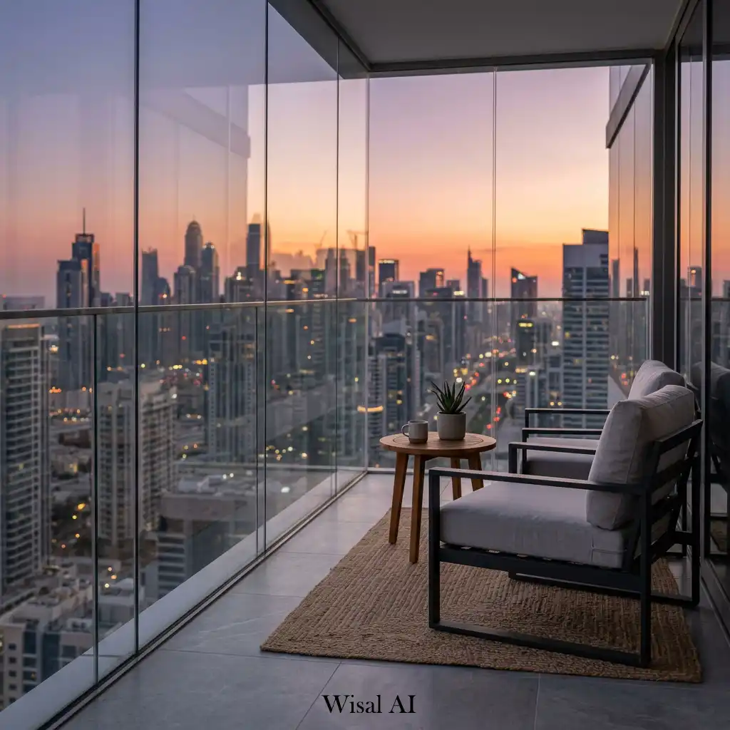 Minimalist balcony featuring clean lines and expansive city skyline views