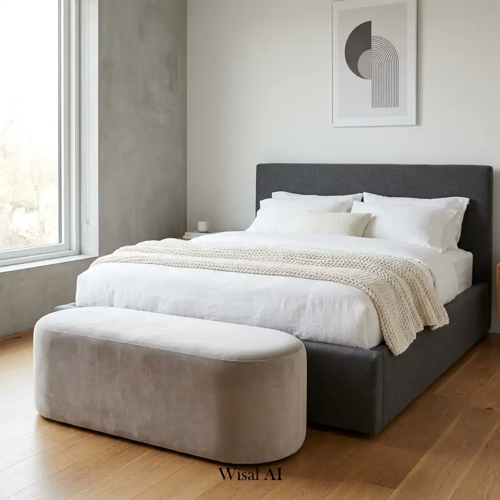 Modern bedroom with an upholstered bench at the foot of the bed.