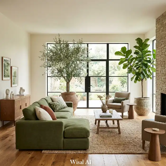 Olive green living room with oversized indoor trees, organic materials, and bright natural light
