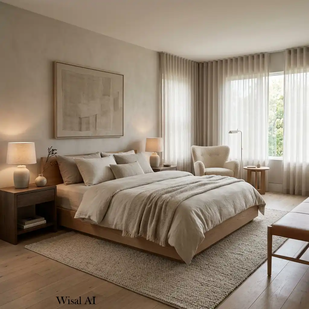Quiet luxury bedroom with refined materials and timeless sophistication