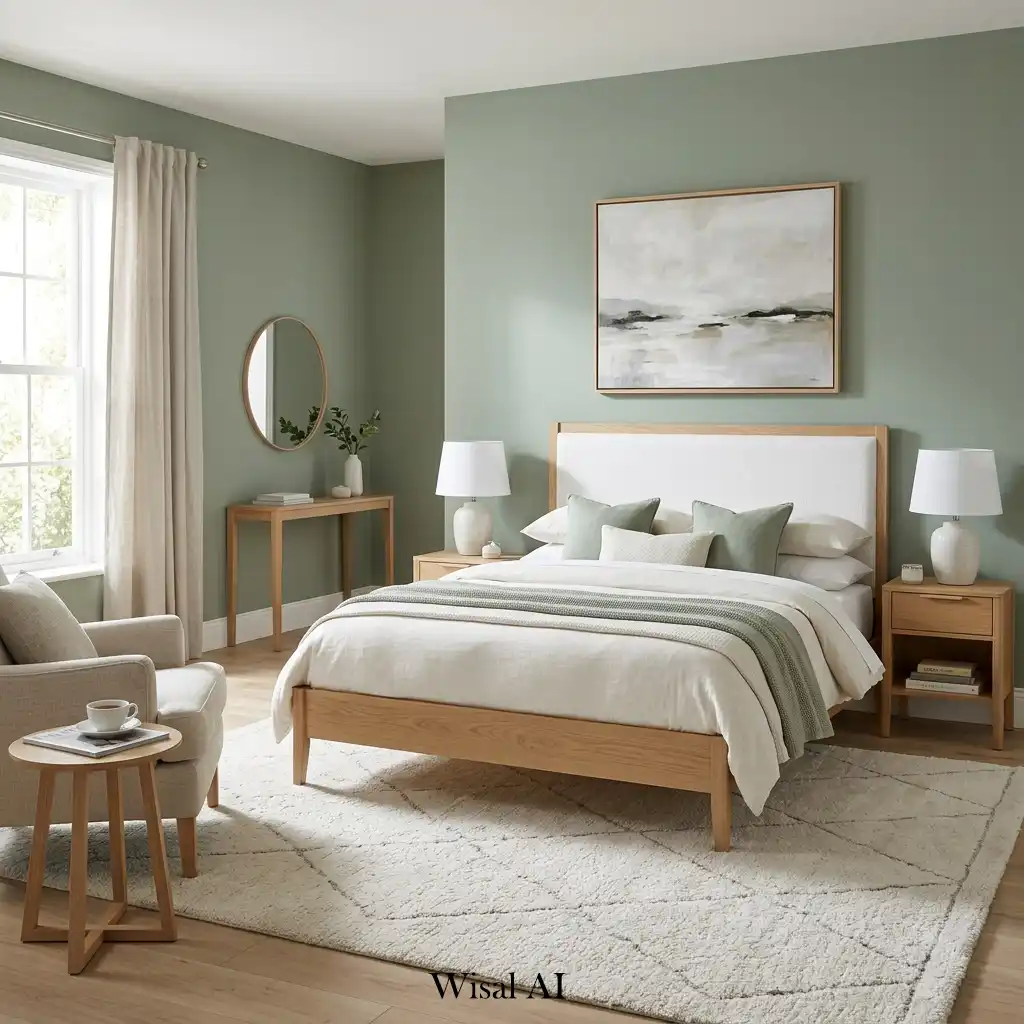 Hotel-inspired sage green bedroom with matching white oak furniture.