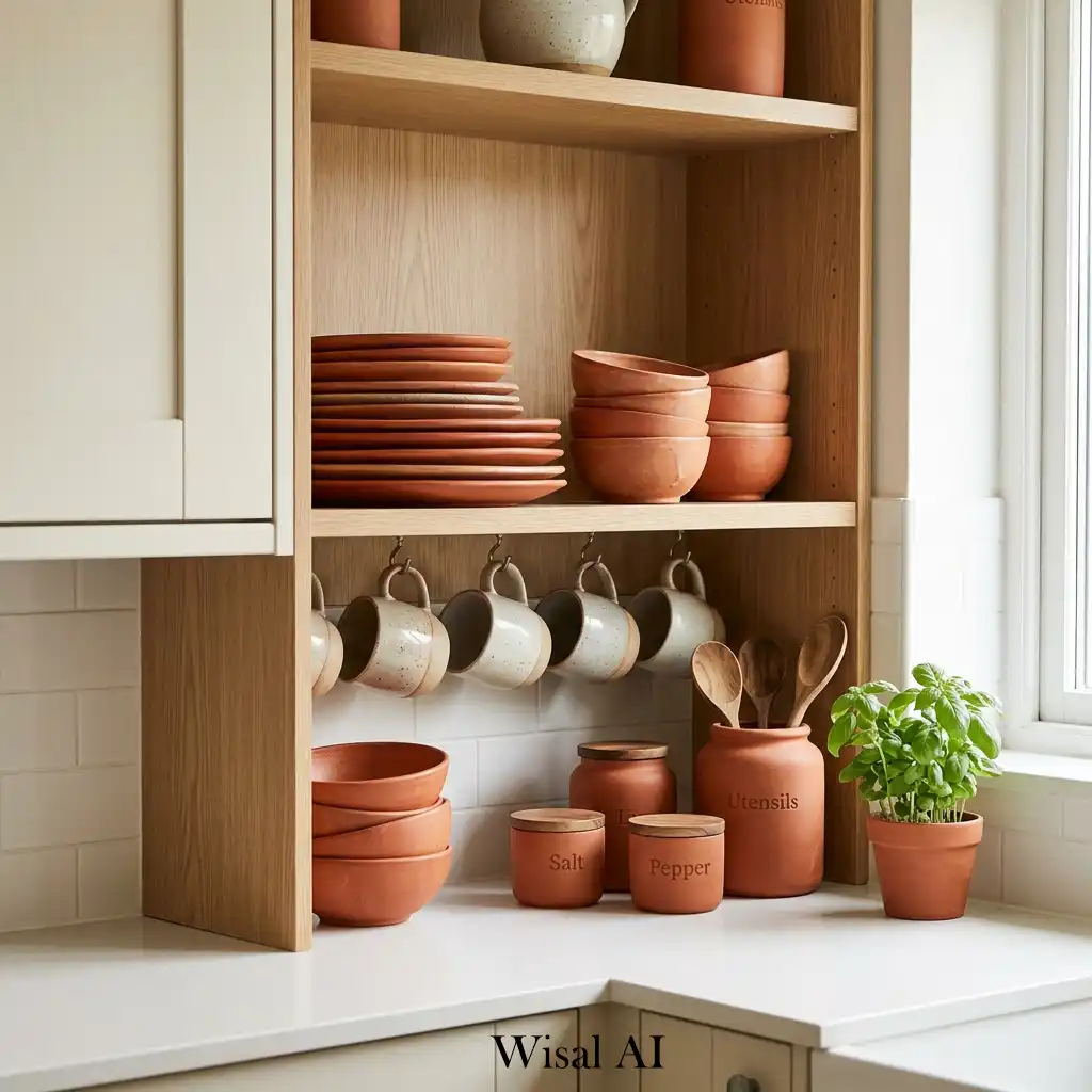 Kitchen with terracotta bowls and warm decorative accents