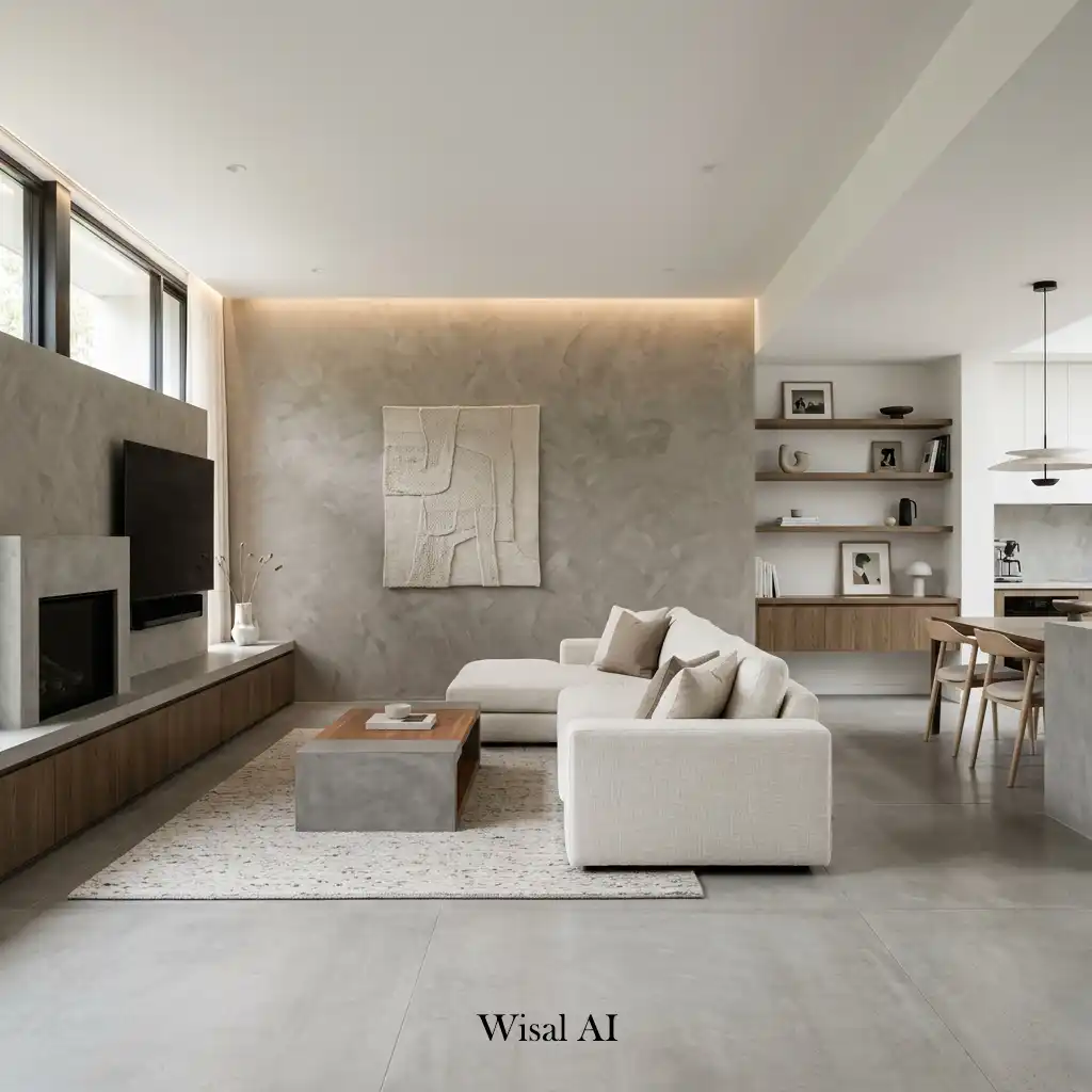 Modern open concept interior featuring a textured accent wall