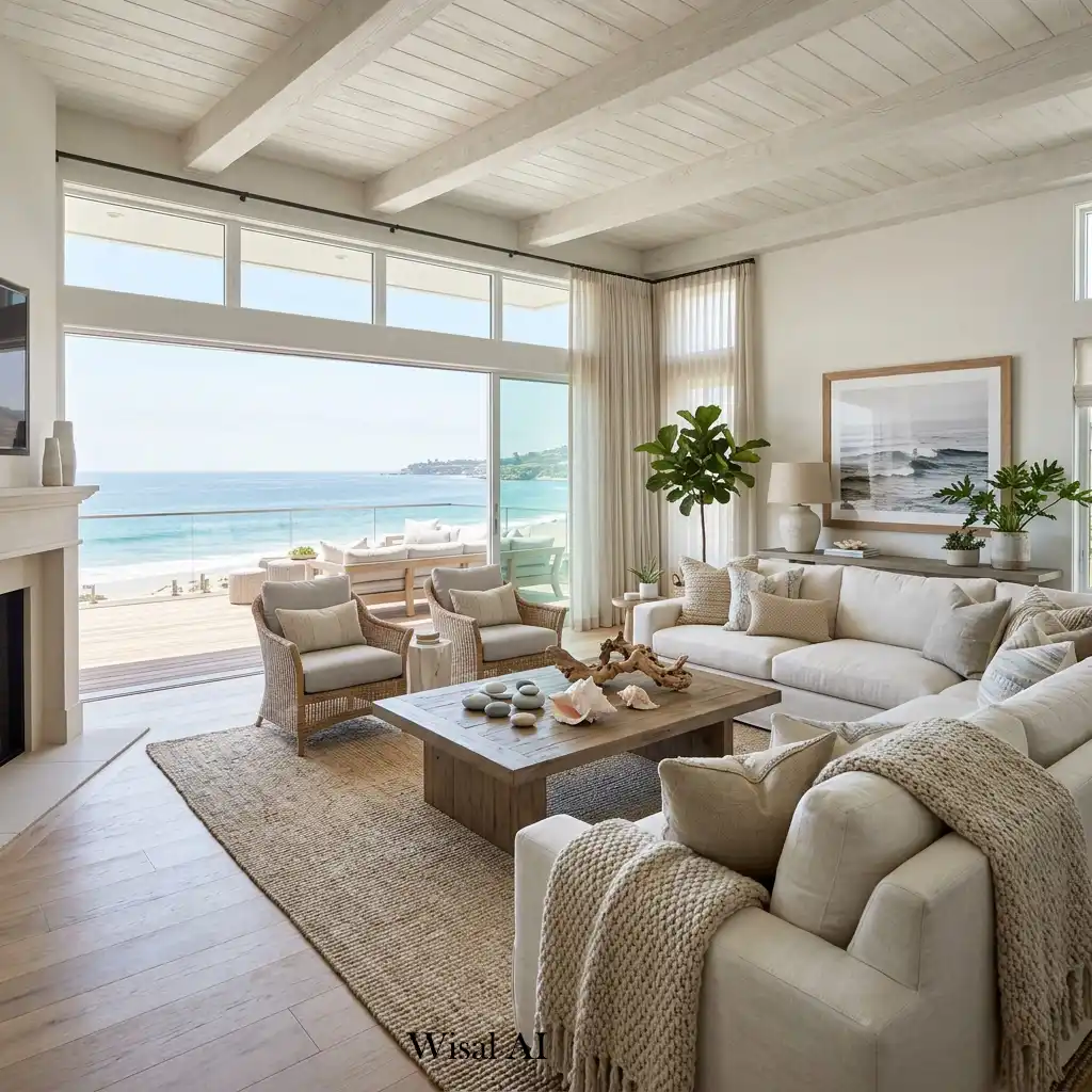 Elegant luxury beach house living room with timeless coastal design.