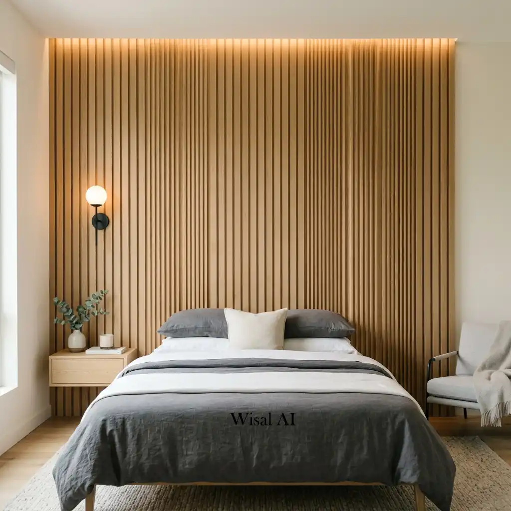 Bedroom featuring fluted wood panels combined with vertical wood slats.