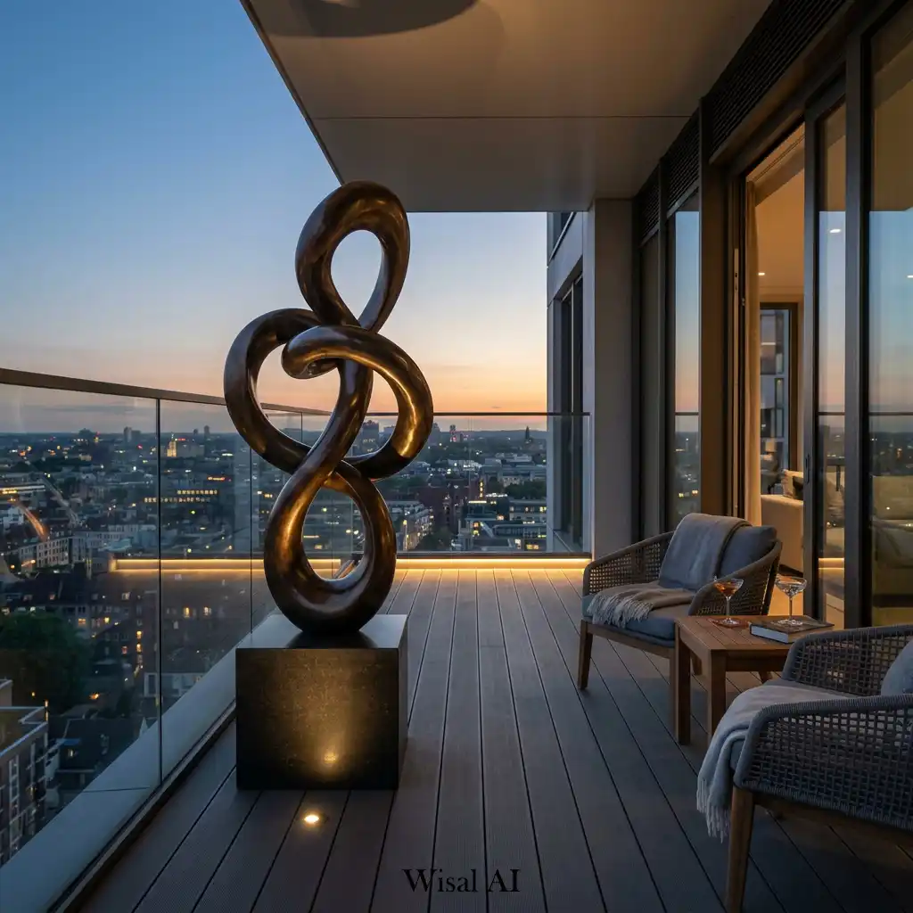 Luxury balcony showcasing a contemporary outdoor sculpture and city backdrop