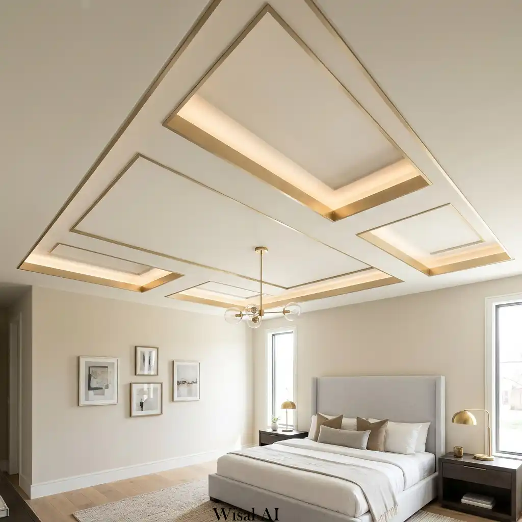 Luxury bedroom ceiling with elegant brass metallic trim and architectural detailing.