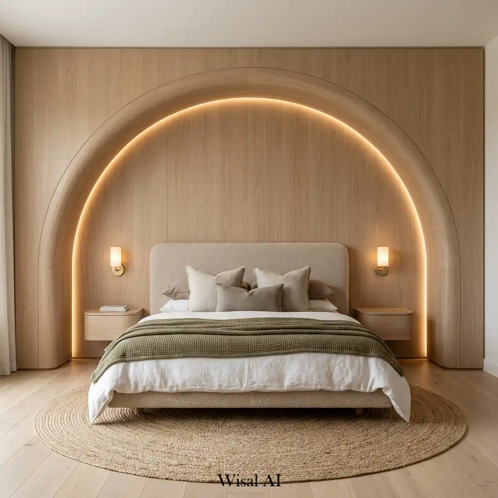 Contemporary bedroom with curved architectural wall paneling details.