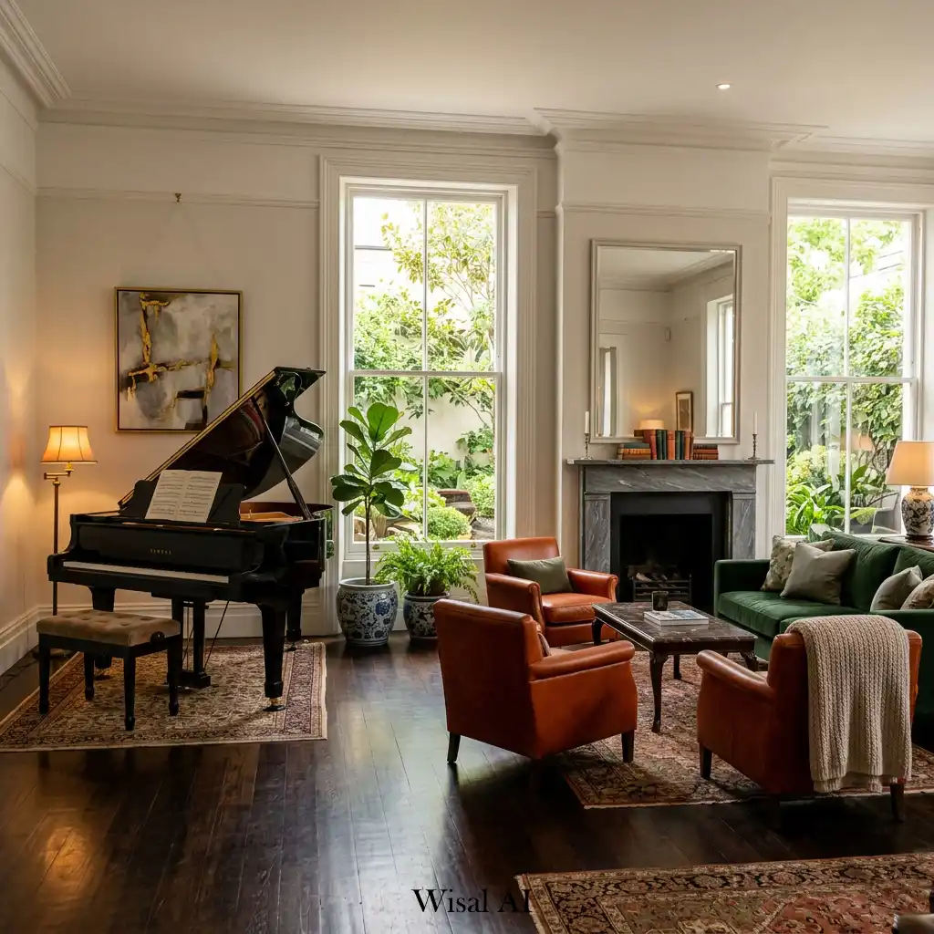 Elegant living room featuring a piano corner inspired by boutique hotel lounges