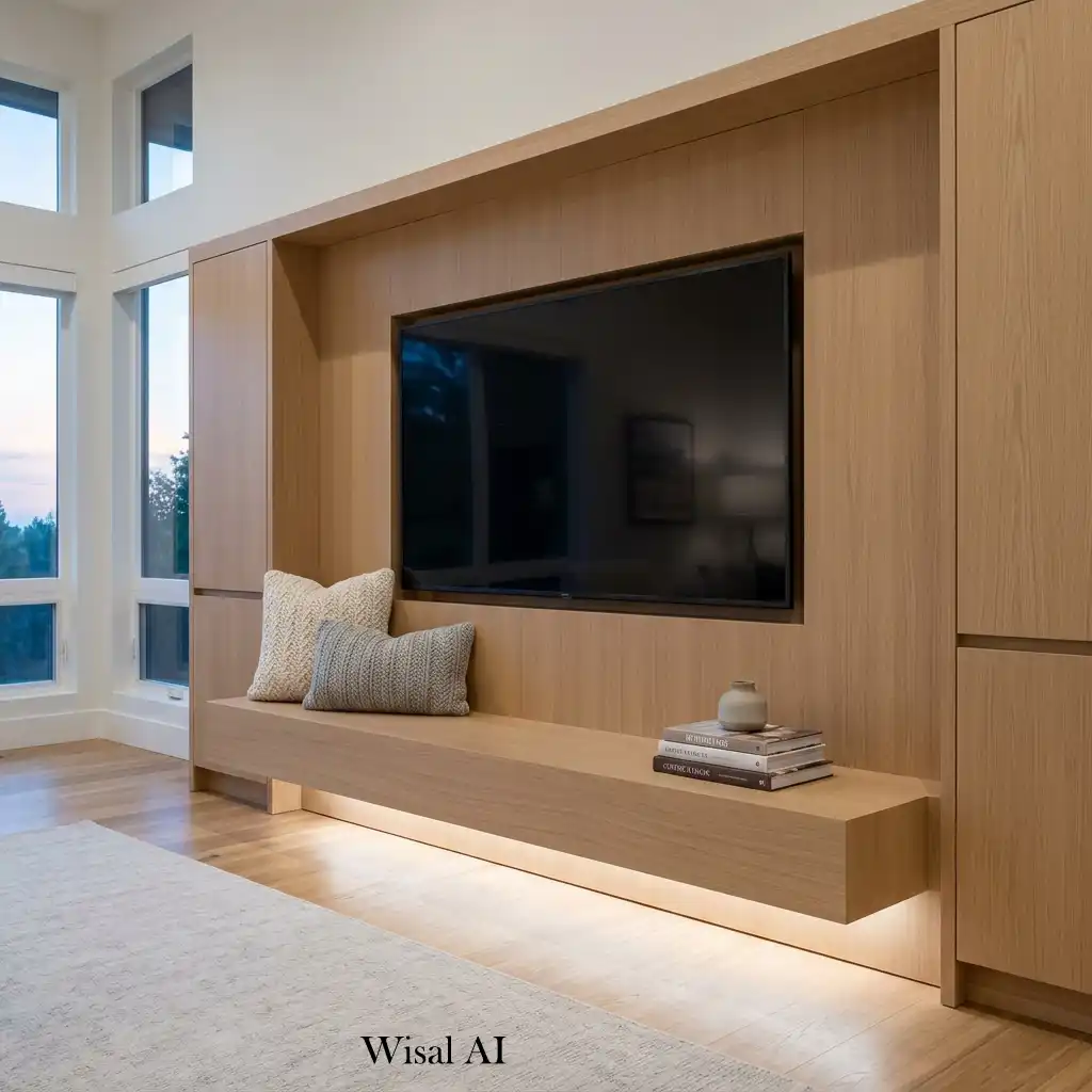 Floating bench integrated into a modern built-in TV wall.