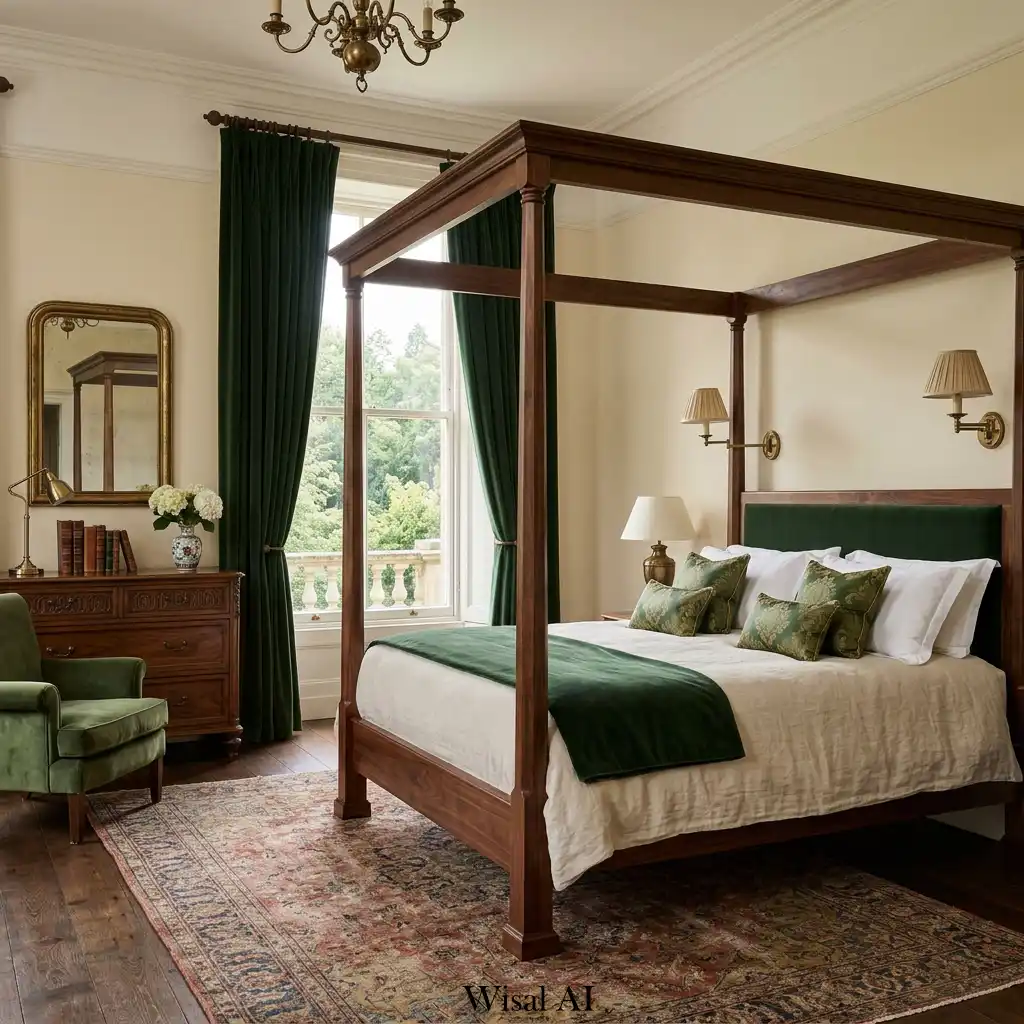 Classic manor bedroom featuring forest green velvet and walnut wood