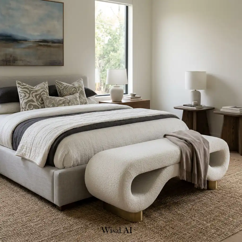 Contemporary bedroom with a sculptural designer bench and premium materials