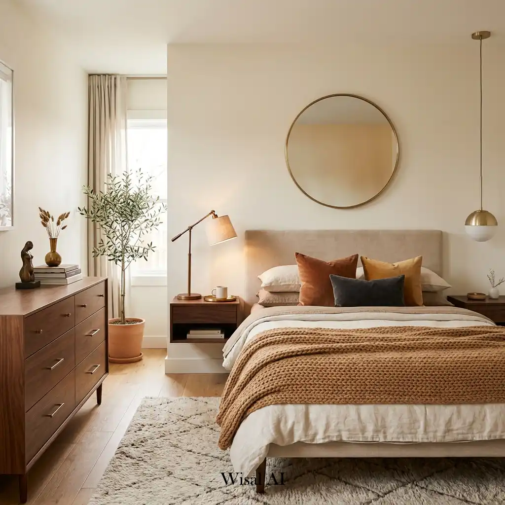 Cozy bedroom featuring warm brass and bronze metallic accents.