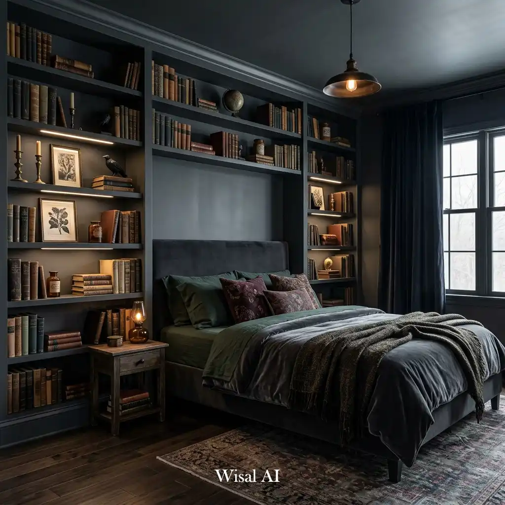 Halloween bedroom with built-in bookshelves and library-inspired décor.