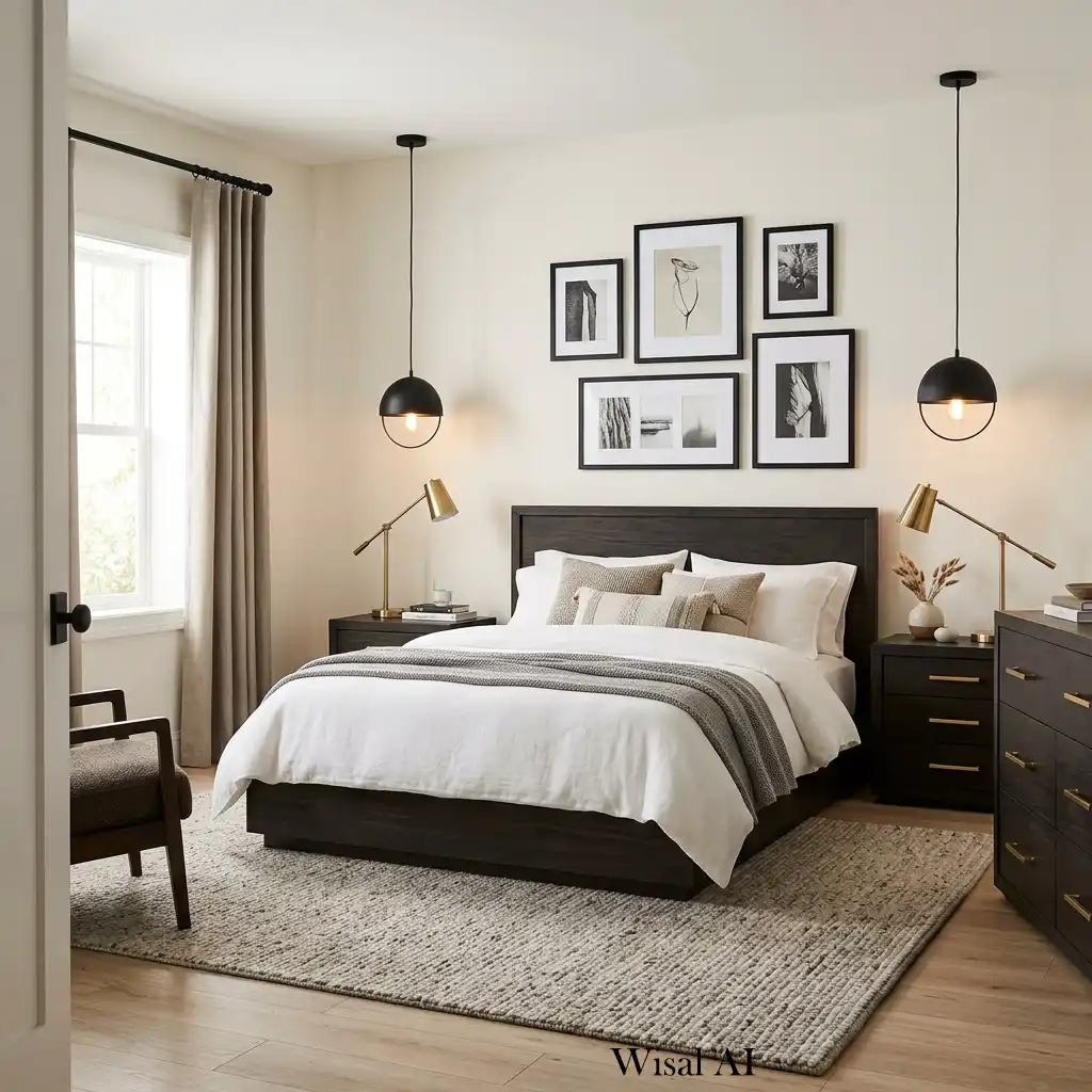 Dark wood bedroom with matte black fixtures and brushed brass details.