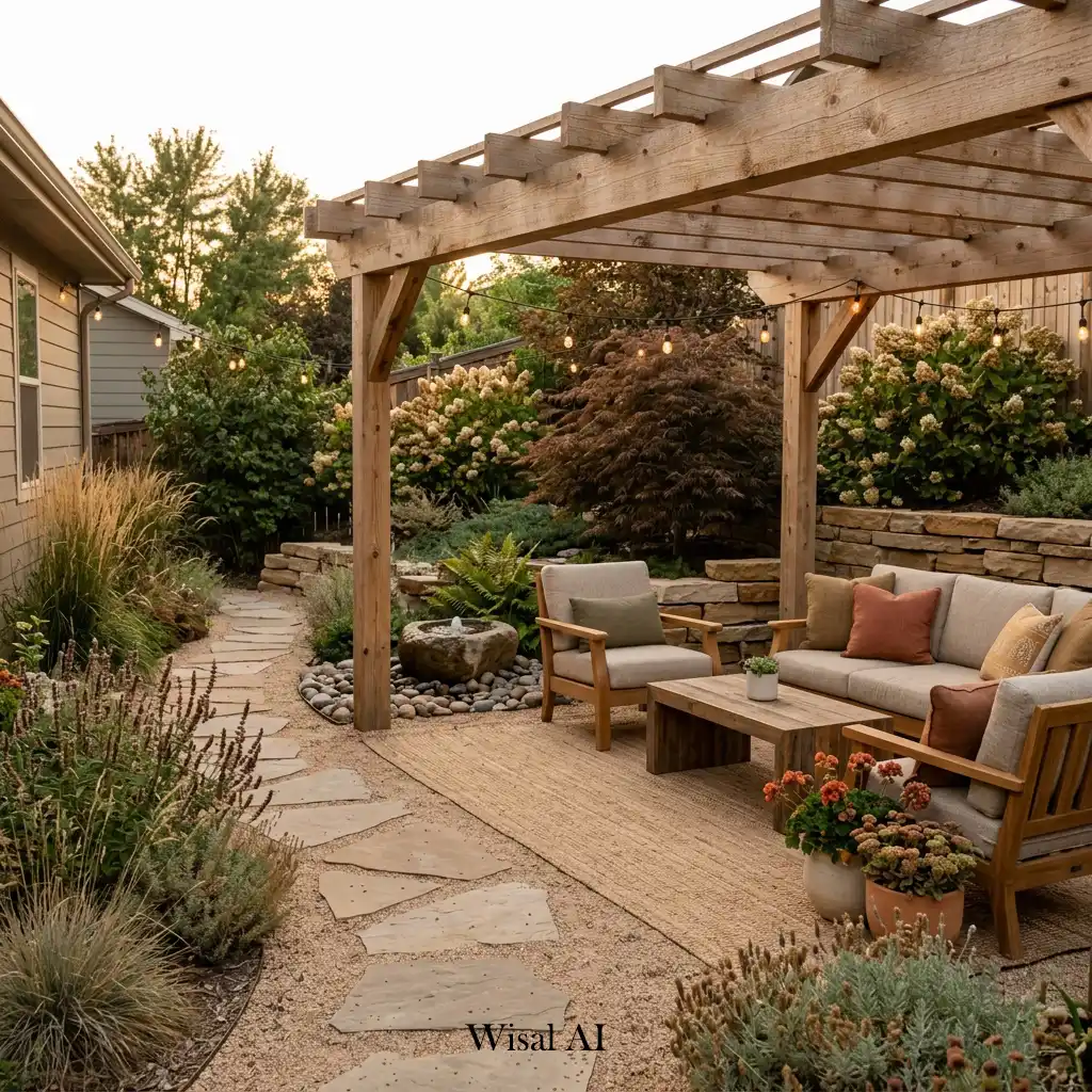 Earth-tone backyard with natural materials, warm colors, and relaxing outdoor ambiance