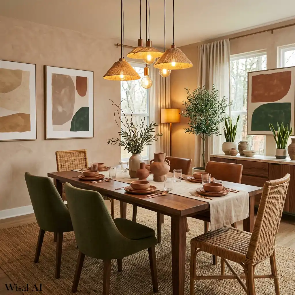 Earth-tone dining room featuring warm natural colors and organic materials