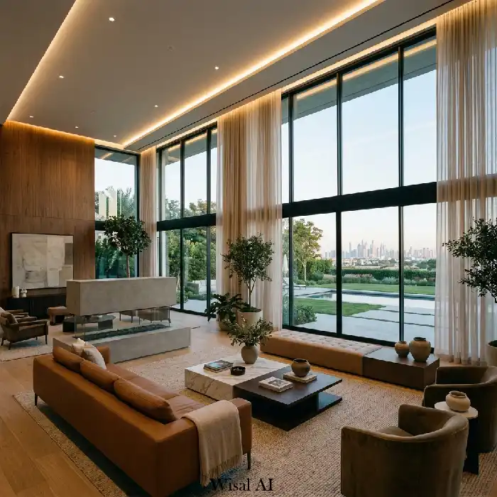 Modern luxury living room with expansive floor-to-ceiling windows overlooking a scenic landscape
