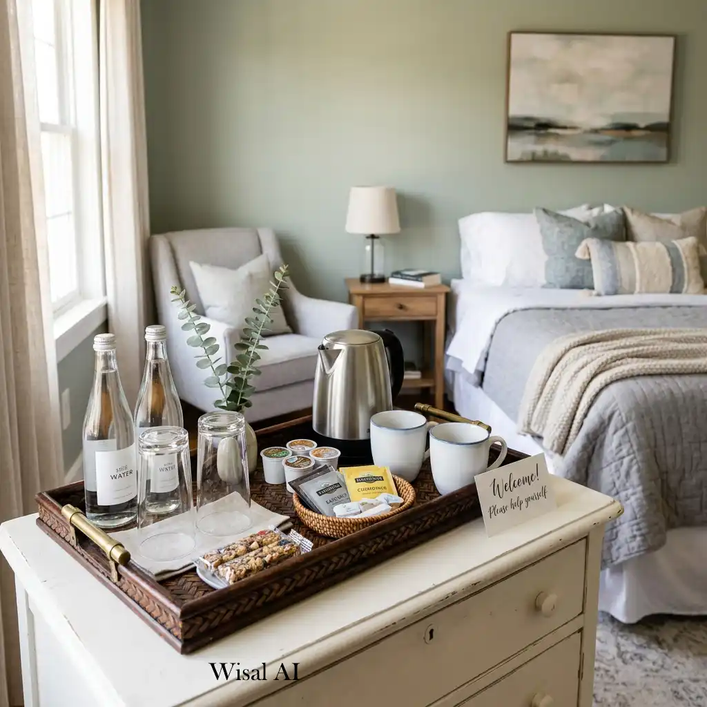 Guest bedroom with a small refreshment station for visitors.