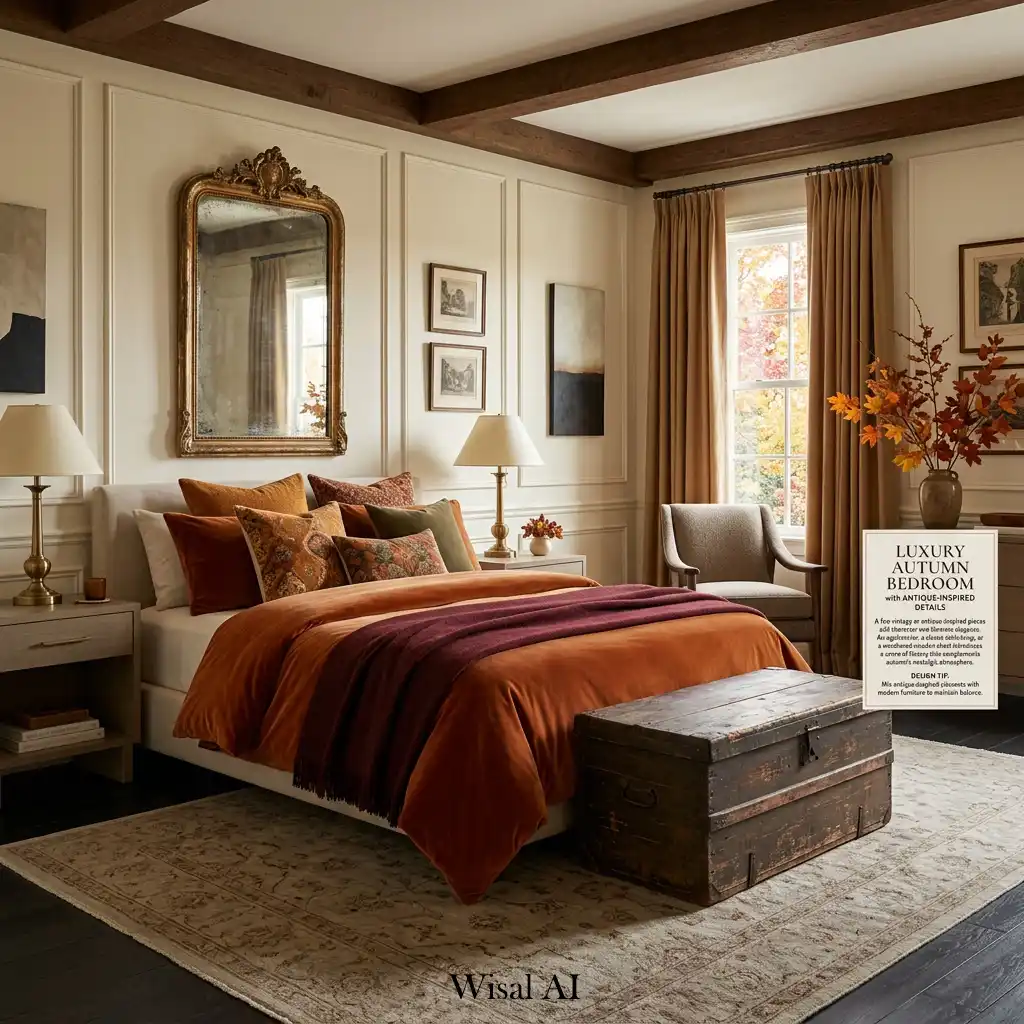Antique-inspired furniture and décor in a luxury autumn bedroom.