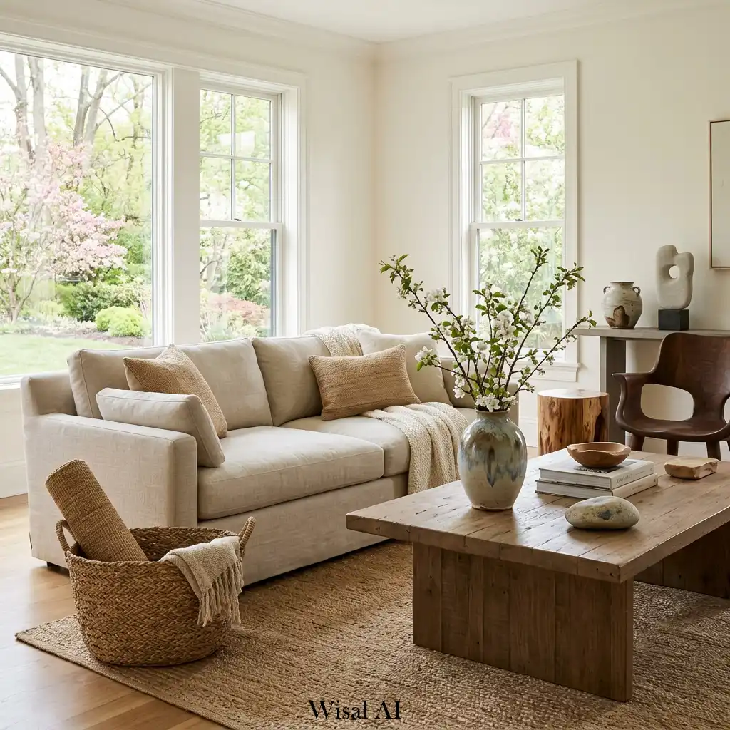 Organic accent décor in refined spring living room styling.