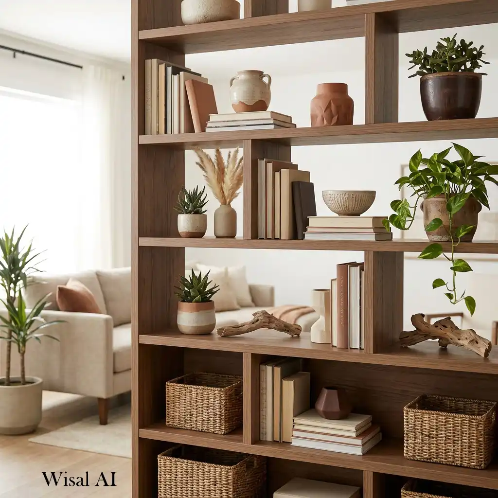 Mocha themed decorative shelf styling in apartment interior
