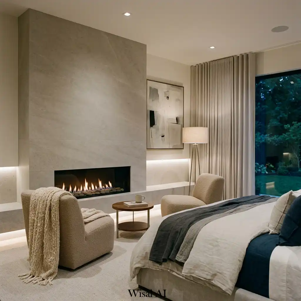 Luxury bedroom with modern fireplace and hotel-inspired interior design