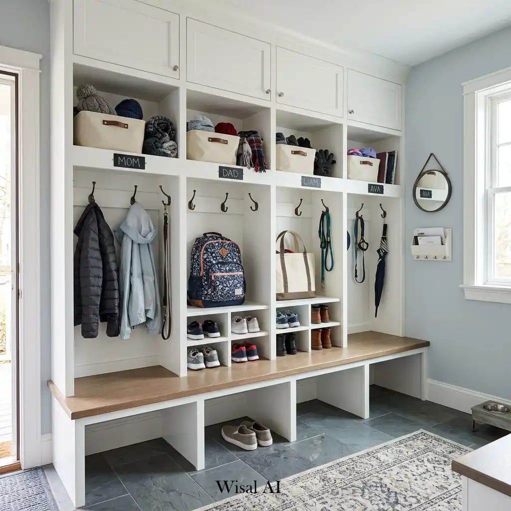 Mudroom with built-in cubbies providing organized storage for family belongings
