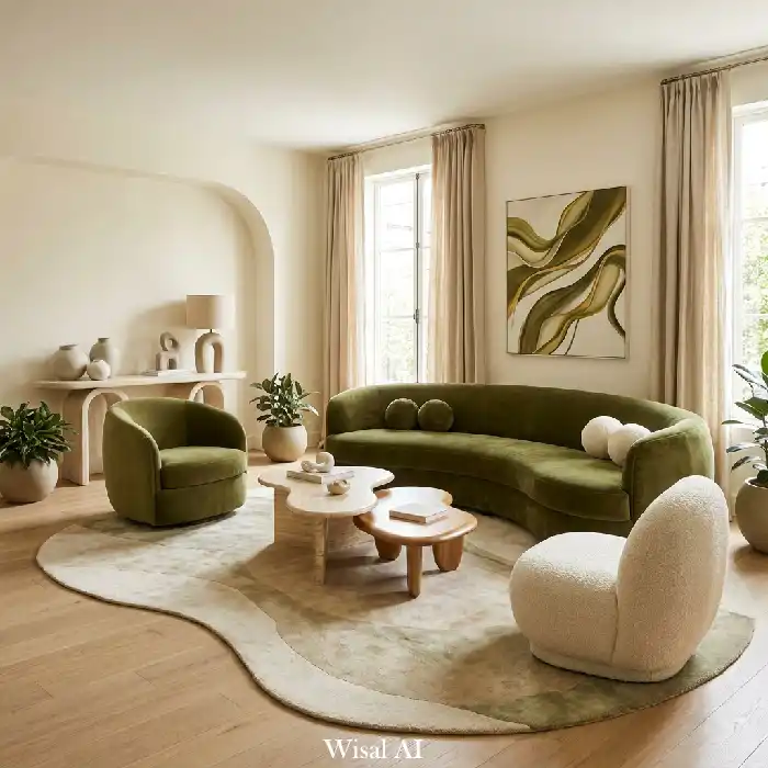 Olive green living room with curved sofa, sculptural furniture, and modern organic design