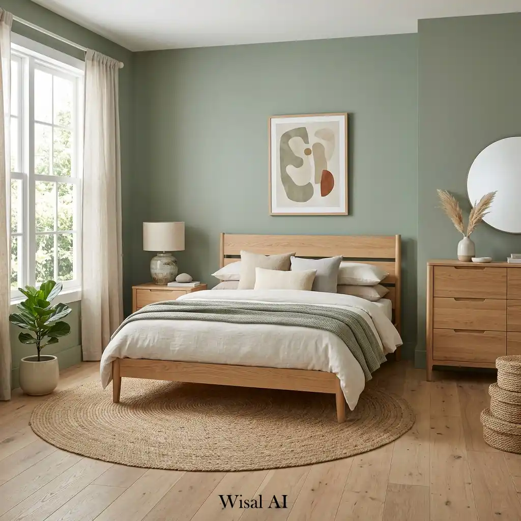 Organic modern sage green bedroom featuring white oak furniture and natural materials.