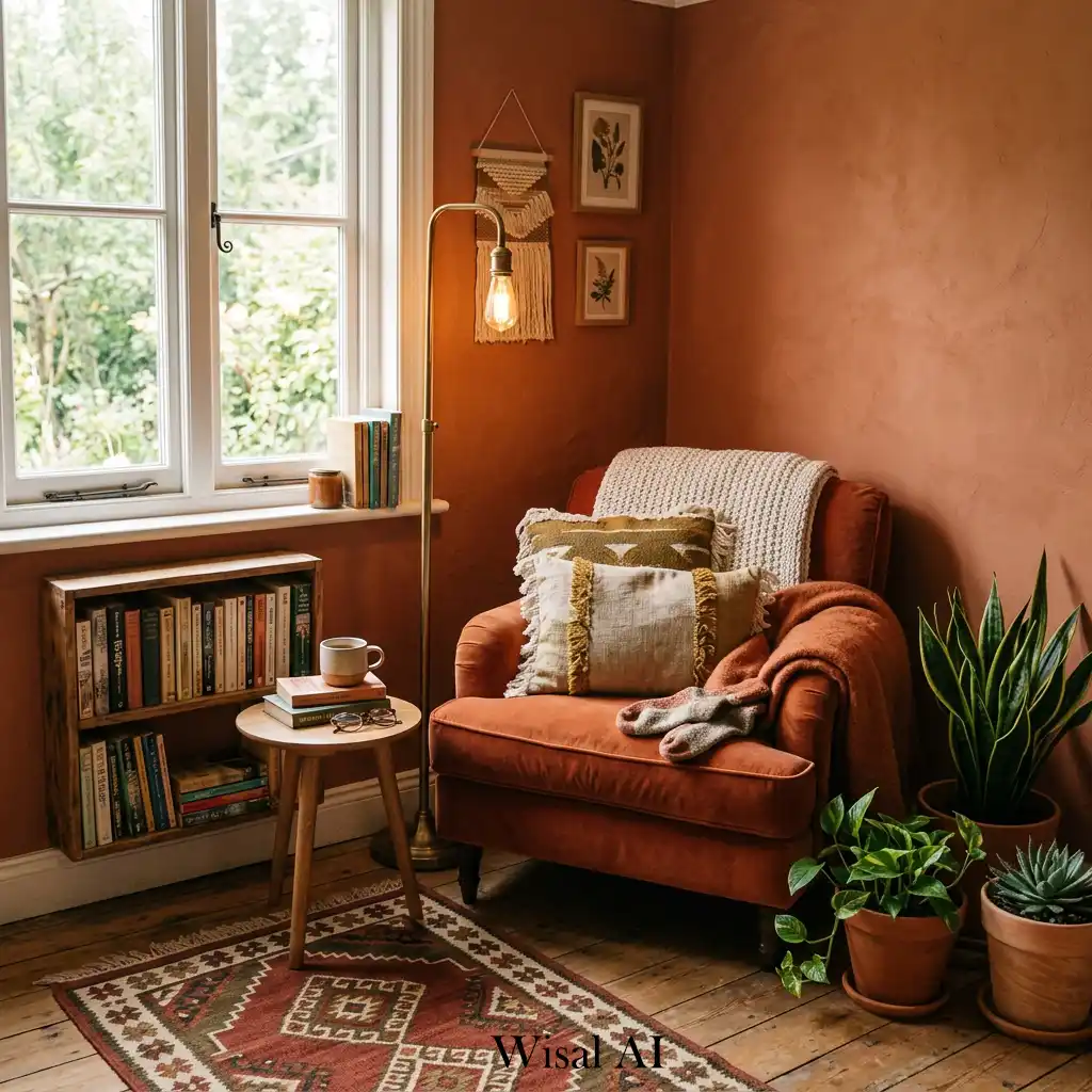 Cozy reading nook with terracotta warm relaxing tones