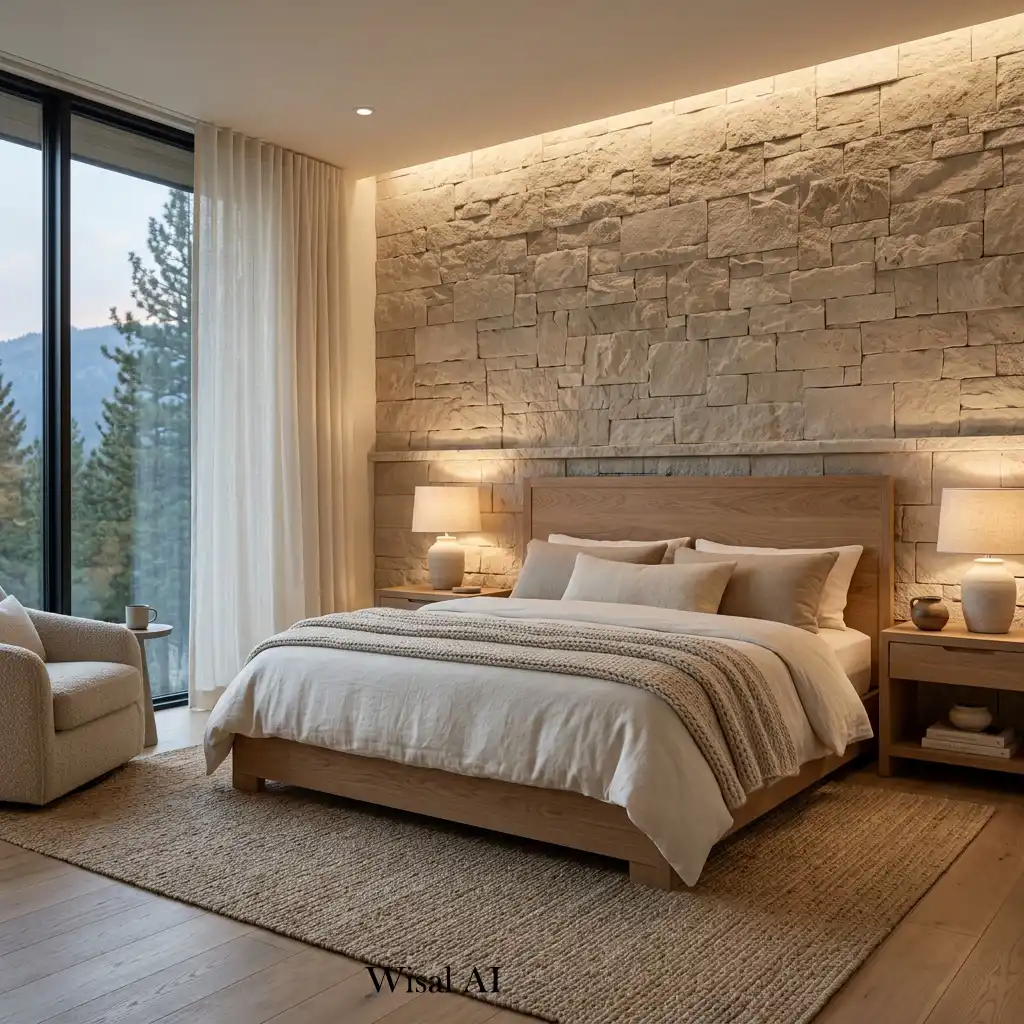 White oak bedroom with a textured travertine stone feature wall.